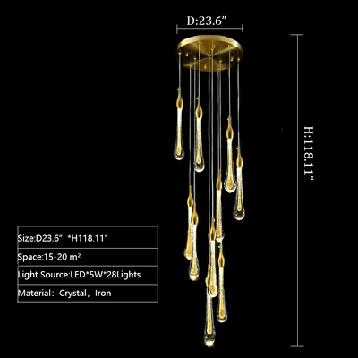 Foyer Glass Drops Pendant Chandelier Spiral Staircase High Ceiling Light Fixture In Gold Finish - cyranlamps