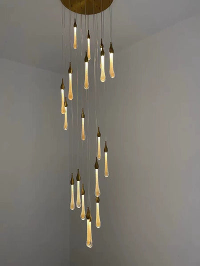Foyer Glass Drops Pendant Chandelier Spiral Staircase High Ceiling Light Fixture In Gold Finish - cyranlamps