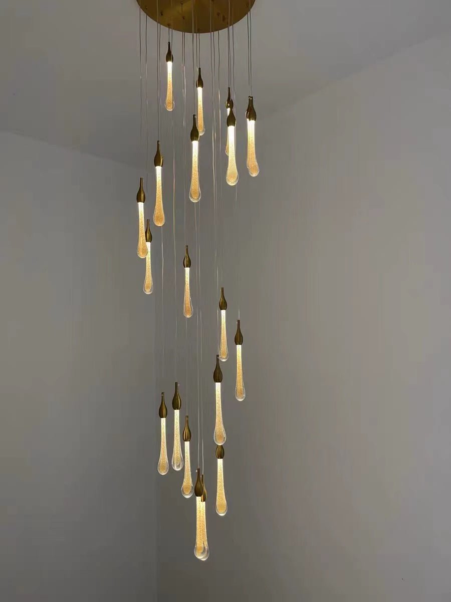 Foyer Glass Drops Pendant Chandelier Spiral Staircase High Ceiling Light Fixture In Gold Finish - cyranlamps