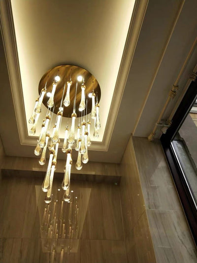 Foyer Glass Drops Pendant Chandelier Spiral Staircase High Ceiling Light Fixture In Gold Finish - cyranlamps