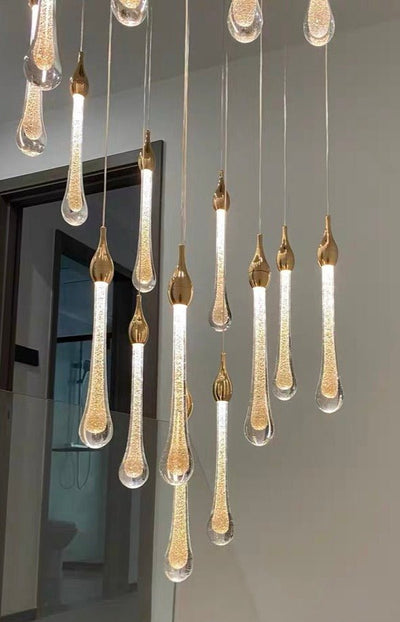 Foyer Glass Drops Pendant Chandelier Spiral Staircase High Ceiling Light Fixture In Gold Finish - cyranlamps
