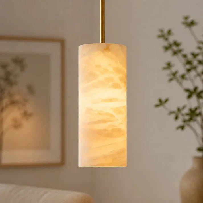 Hand-Carver Alabaster Cylinder Pendant - Cyran Lamps