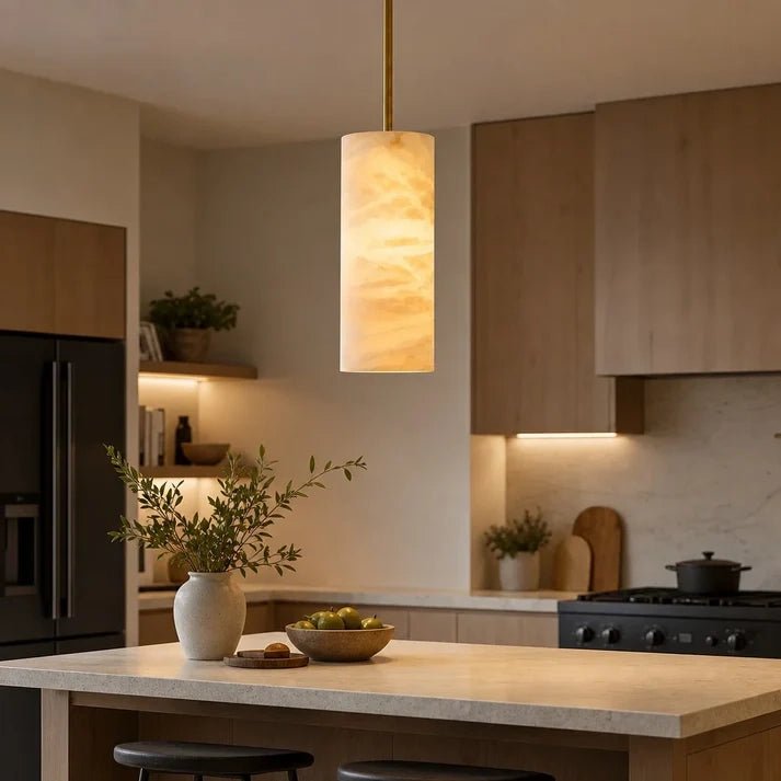Hand-Carver Alabaster Cylinder Pendant - Cyran Lamps
