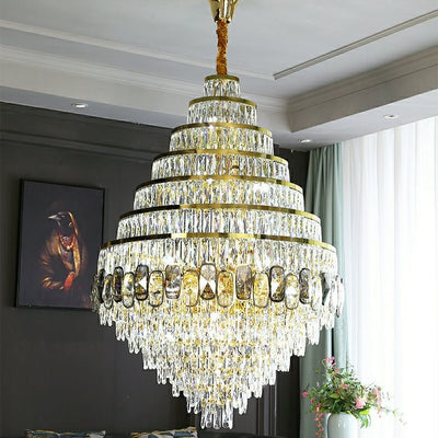 Honeycomb Shaped Ceiling Chandelier Extra Large Crystal Light Fixture For Foyer Staircase/ Entryway In Gold Finish - cyranlamps