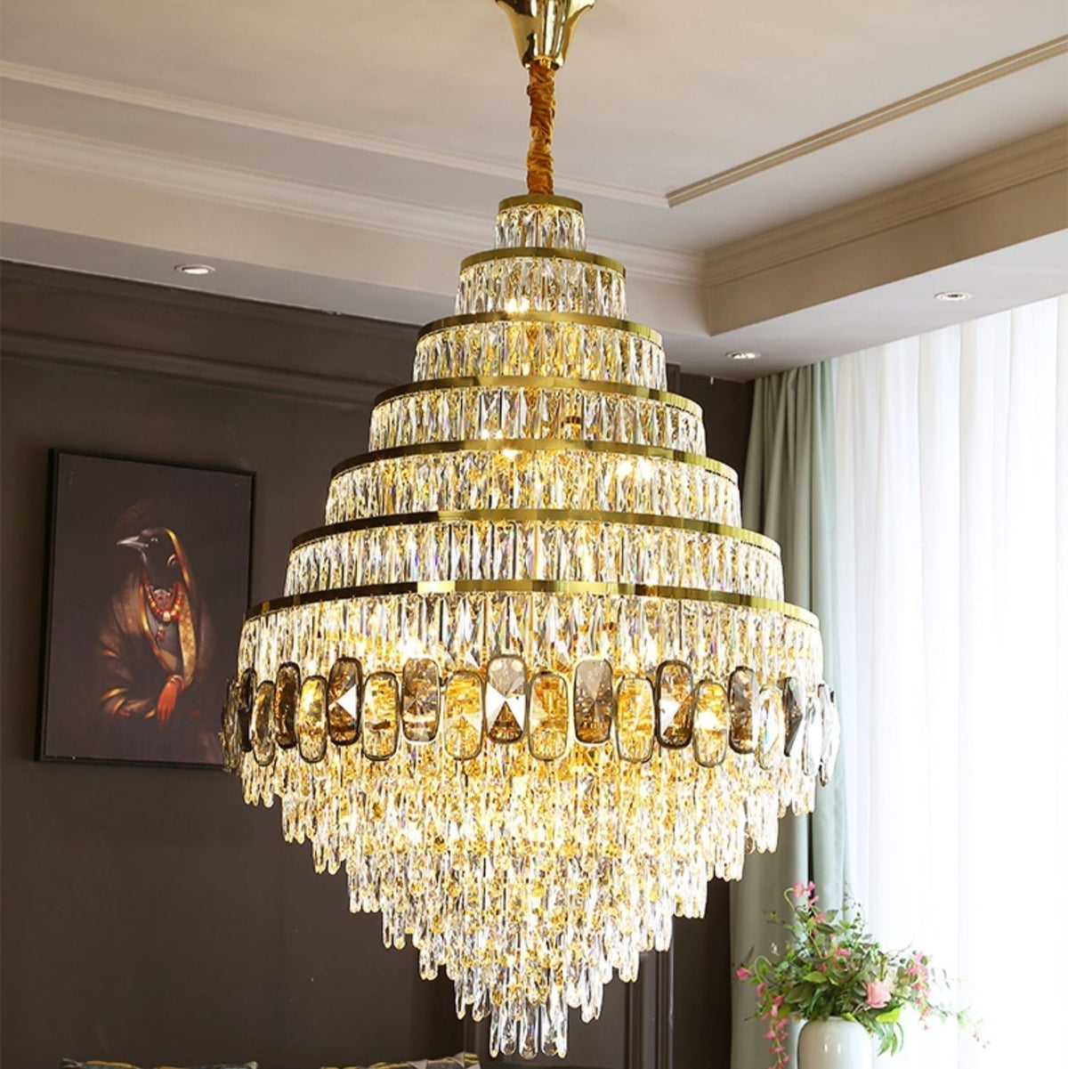 Honeycomb Shaped Ceiling Chandelier Extra Large Crystal Light Fixture For Foyer Staircase/ Entryway In Gold Finish - cyranlamps