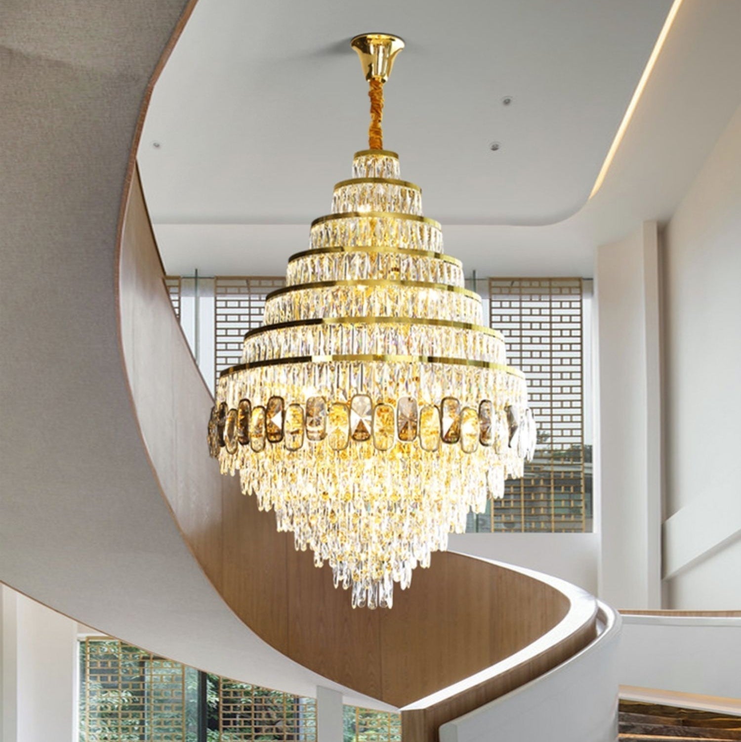 Honeycomb Shaped Ceiling Chandelier Extra Large Crystal Light Fixture For Foyer Staircase/ Entryway In Gold Finish - cyranlamps