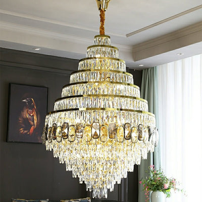 Honeycomb Shaped Ceiling Chandelier Extra Large Crystal Light Fixture For Foyer Staircase/ Entryway In Gold Finish - cyranlamps