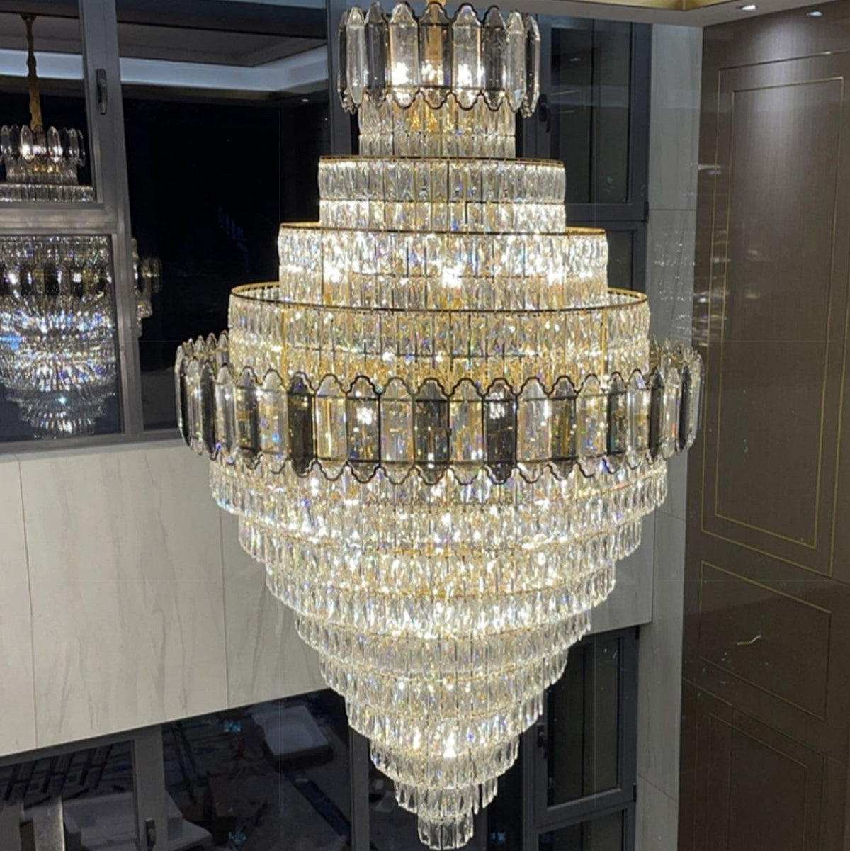 Large Staircase Crystal Chandelier Living Room Ceiling Light Fixture For Hotel Entrance In Gold Finish - cyranlamps