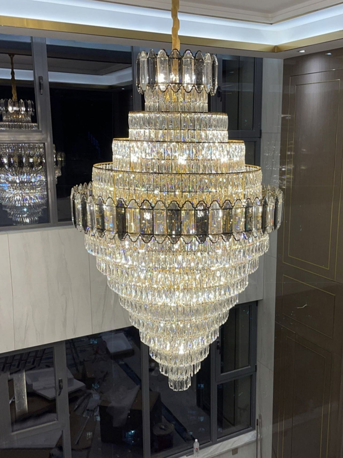 Large Staircase Crystal Chandelier Living Room Ceiling Light Fixture For Hotel Entrance In Gold Finish - cyranlamps