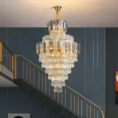 Large Staircase Crystal Chandelier Living Room Ceiling Light Fixture For Hotel Entrance In Gold Finish - cyranlamps