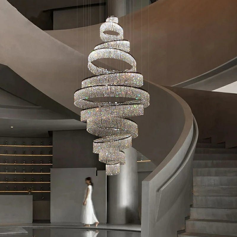 Long Crystal Tassel Rings Chandelier Extra Large Living Room Staircase High Ceiling Lighting Fixture - cyranlamps