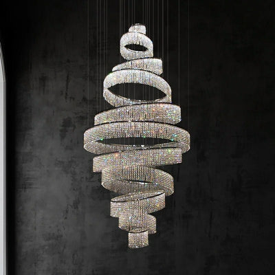 Long Crystal Tassel Rings Chandelier Extra Large Living Room Staircase High Ceiling Lighting Fixture - cyranlamps