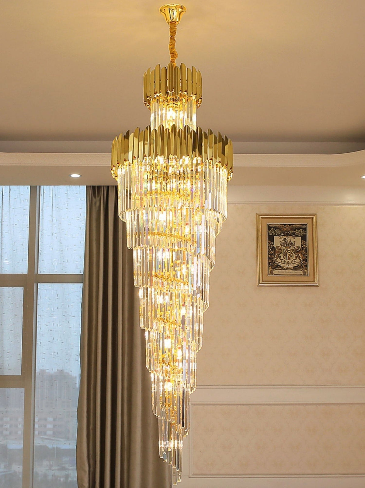 Luxury Gold Trimmed Long Crystal Chandelier Foyer Staircase Extra Large Ceiling Light Fixture - cyranlamps