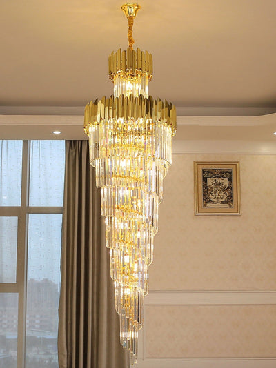 Luxury Gold Trimmed Long Crystal Chandelier Foyer Staircase Extra Large Ceiling Light Fixture - cyranlamps
