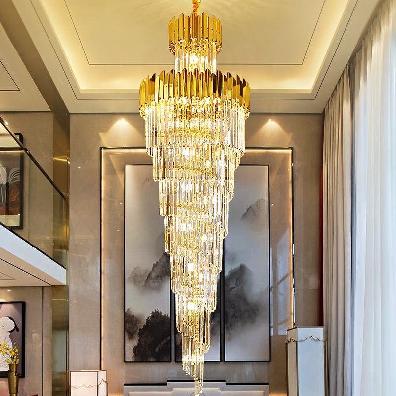 Luxury Gold Trimmed Long Crystal Chandelier Foyer Staircase Extra Large Ceiling Light Fixture - cyranlamps