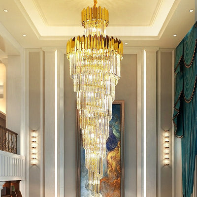 Luxury Gold Trimmed Long Crystal Chandelier Foyer Staircase Extra Large Ceiling Light Fixture - cyranlamps
