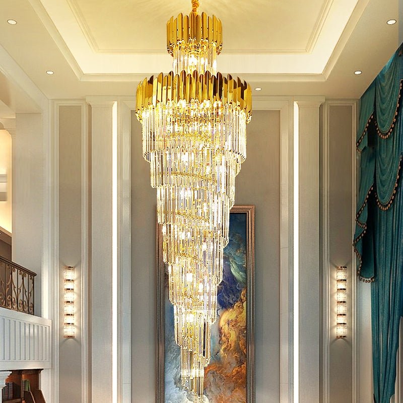 Luxury Gold Trimmed Long Crystal Chandelier Foyer Staircase Extra Large Ceiling Light Fixture - cyranlamps