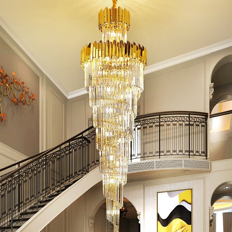 Luxury Gold Trimmed Long Crystal Chandelier Foyer Staircase Extra Large Ceiling Light Fixture - cyranlamps