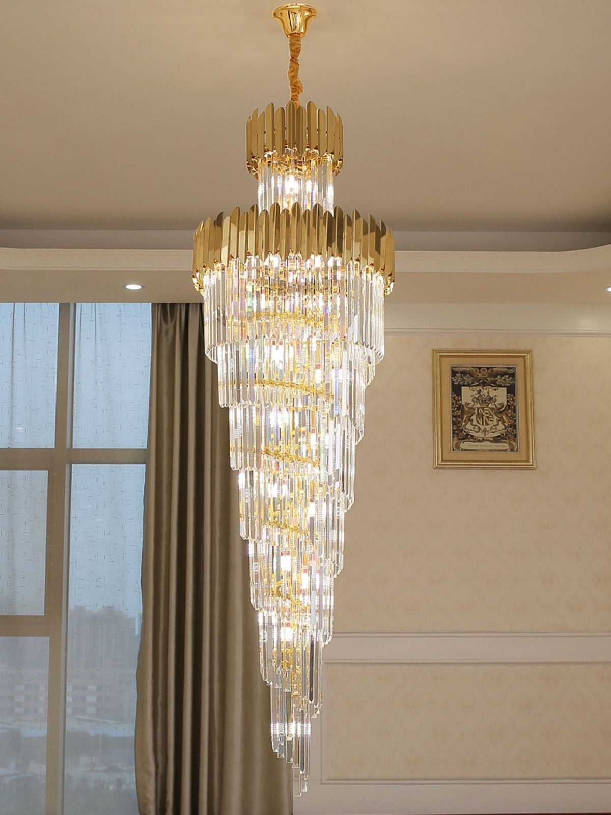 Luxury Gold Trimmed Long Crystal Chandelier Foyer Staircase Extra Large Ceiling Light Fixture - cyranlamps