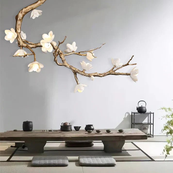 Magnolia Branch & Brass Floral Chandelier - Cyran Lamps