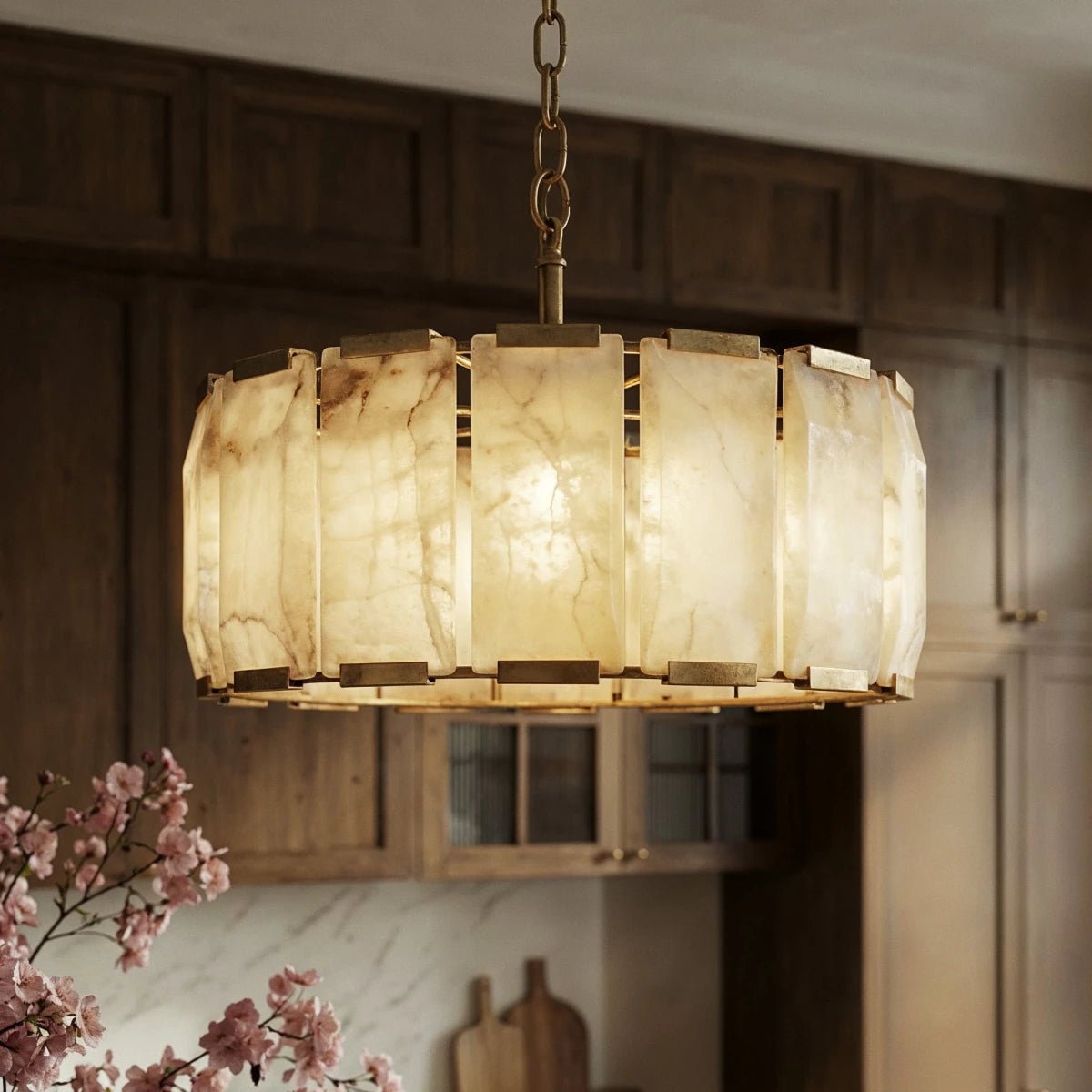 Marlow Alabaster Round Chandelier with Natural Alabaster Stone Shades - cyranlighting
