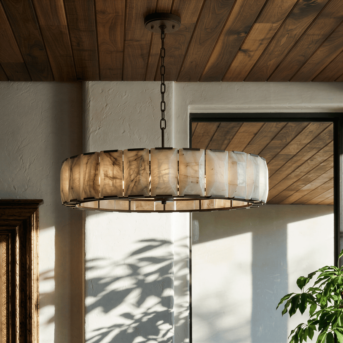 Marlow Alabaster Round Chandelier with Natural Alabaster Stone Shades - cyranlighting