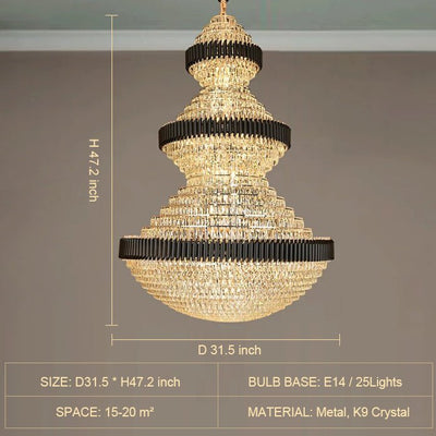 Modern Black Iron Crystal Chandelier For Foyer Staircase Luxurious Design Ceiling Light Fixture - cyranlamps