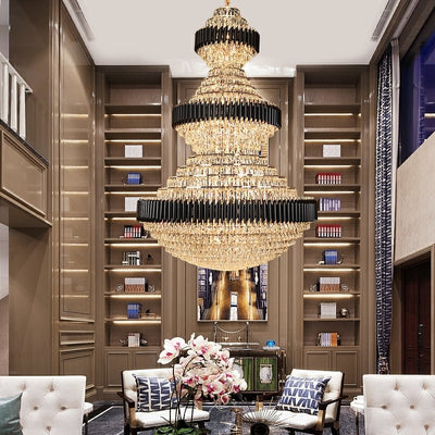 Modern Black Iron Crystal Chandelier For Foyer Staircase Luxurious Design Ceiling Light Fixture - cyranlamps