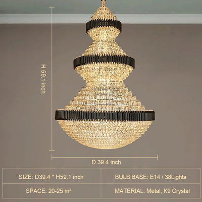 Modern Black Iron Crystal Chandelier For Foyer Staircase Luxurious Design Ceiling Light Fixture - cyranlamps