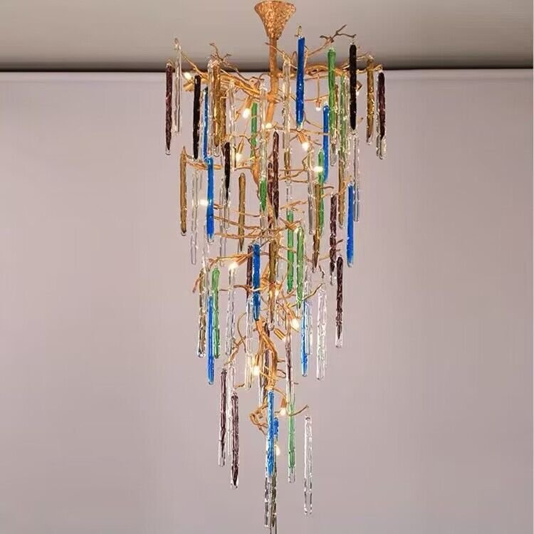 Modern Light Luxury Brass Branches Colored Glass Column Chandelier for Staircase/Living Room/High - ceiling Space - cyranlamps