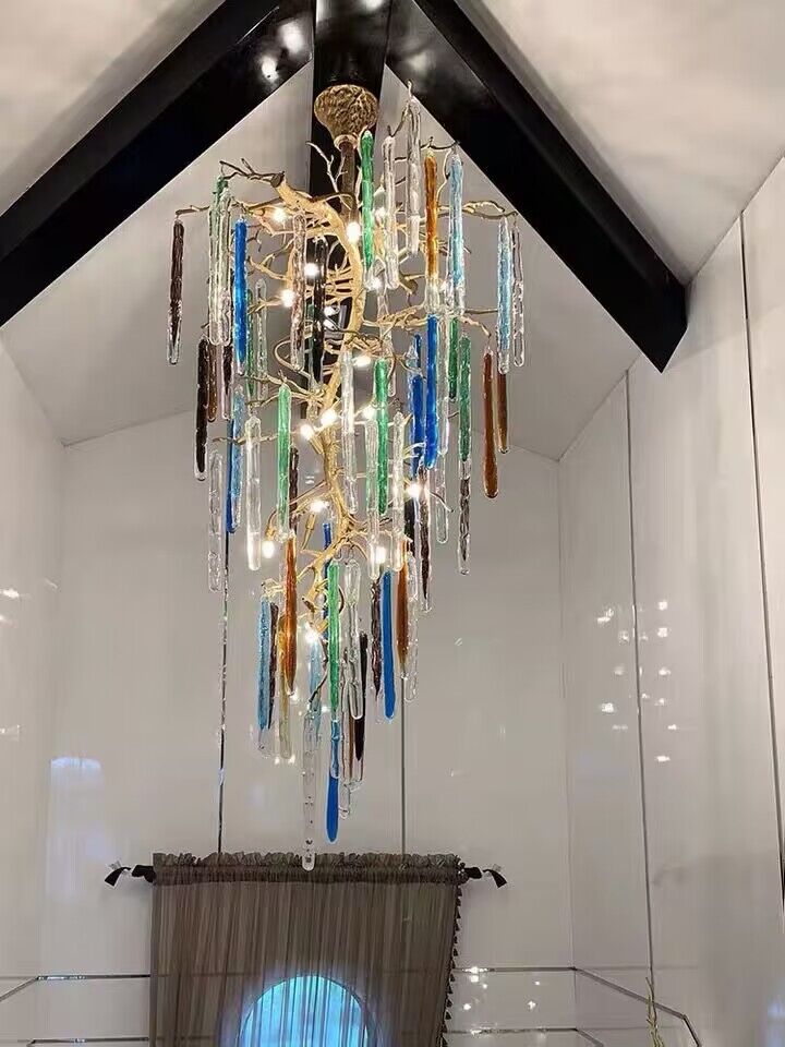 Modern Light Luxury Brass Branches Colored Glass Column Chandelier for Staircase/Living Room/High - ceiling Space - cyranlamps