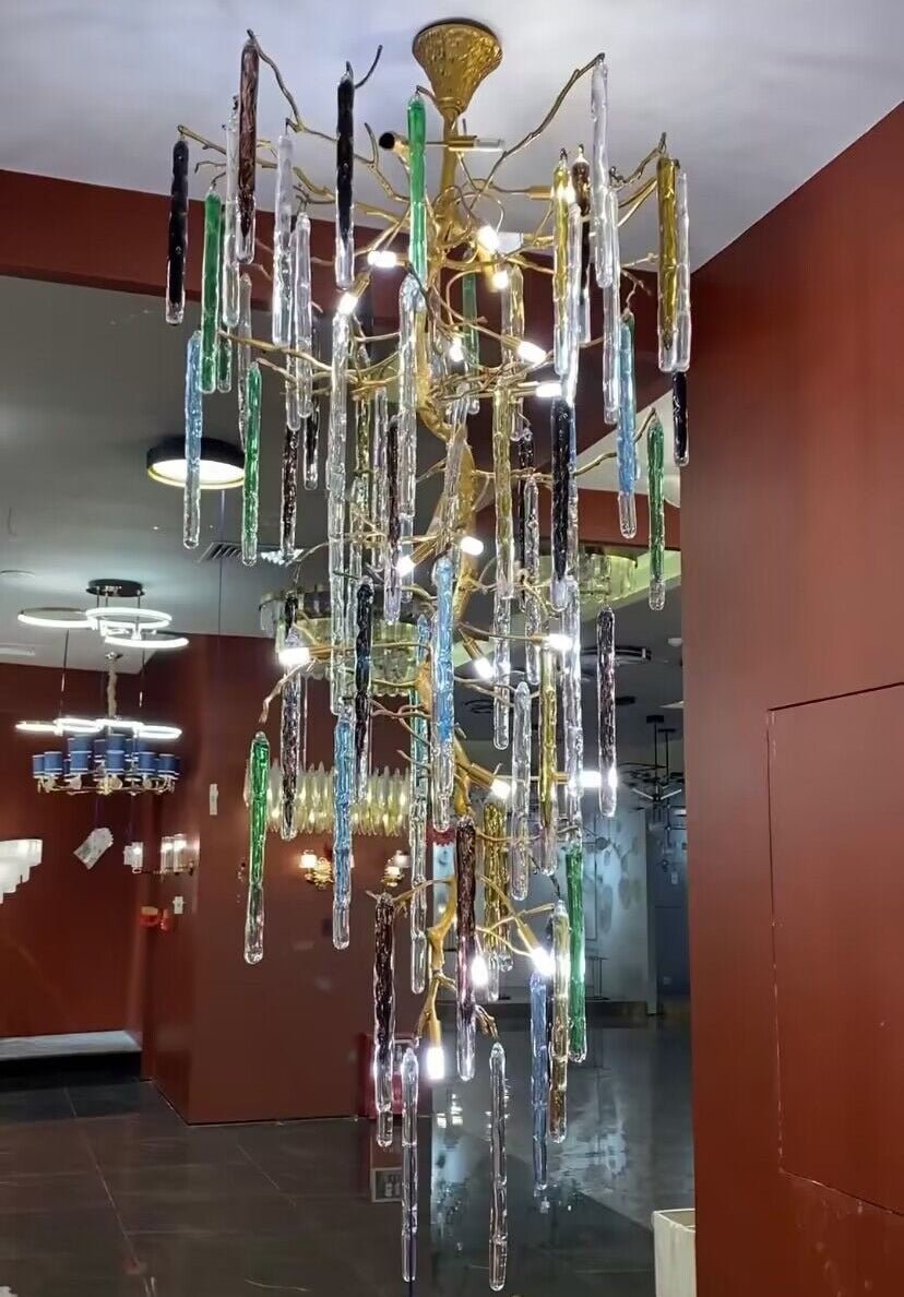 Modern Light Luxury Brass Branches Colored Glass Column Chandelier for Staircase/Living Room/High - ceiling Space - cyranlamps