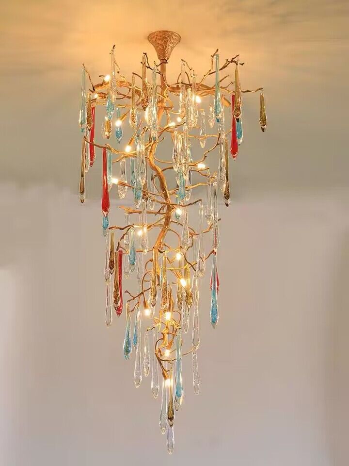 Modern Light Luxury Brass Branches Colored Glass Column Chandelier for Staircase/Living Room/High - ceiling Space - cyranlamps