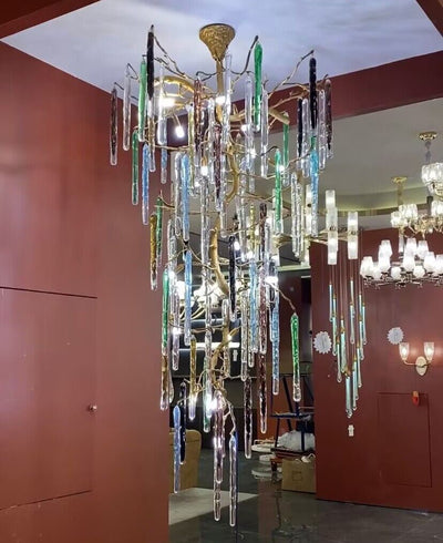 Modern Light Luxury Brass Branches Colored Glass Column Chandelier for Staircase/Living Room/High - ceiling Space - cyranlamps