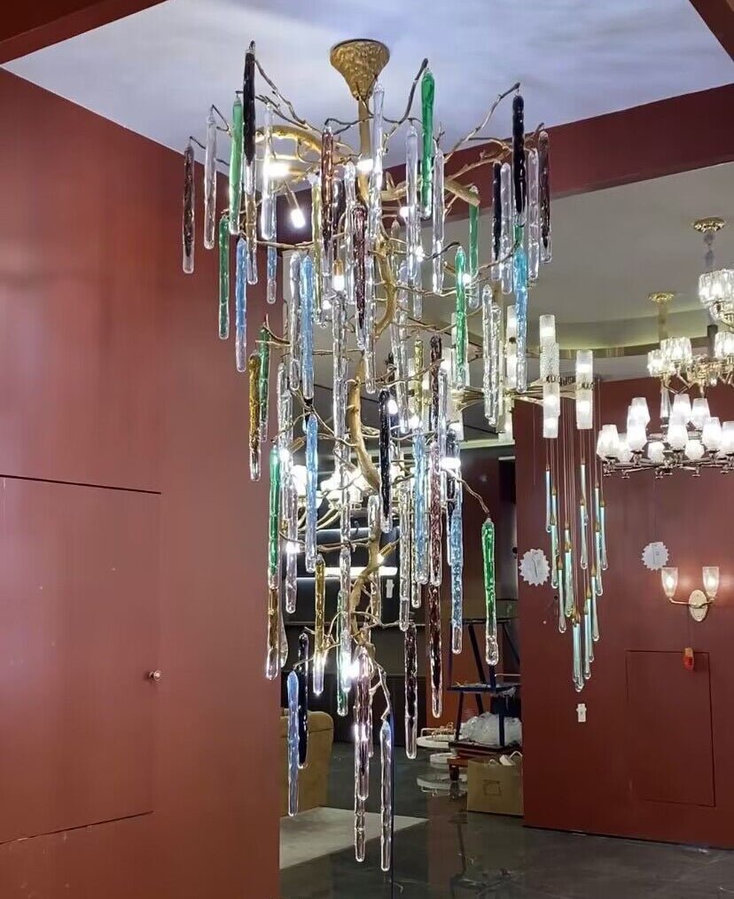 Modern Light Luxury Brass Branches Colored Glass Column Chandelier for Staircase/Living Room/High - ceiling Space - cyranlamps