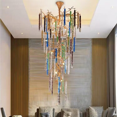 Modern Light Luxury Brass Branches Colored Glass Column Chandelier for Staircase/Living Room/High - ceiling Space - cyranlamps