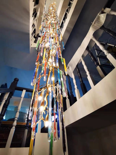 Modern Light Luxury Brass Branches Colored Glass Column Chandelier for Staircase/Living Room/High - ceiling Space - cyranlamps