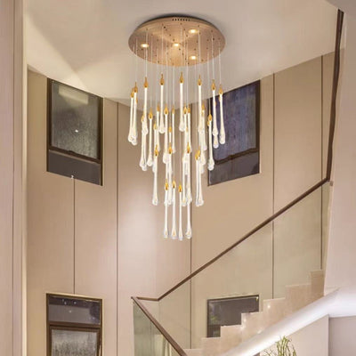 Modern Long Gold Glass Raindrop Rod Pendant Light for Staircase/High - ceiling room - cyranlamps
