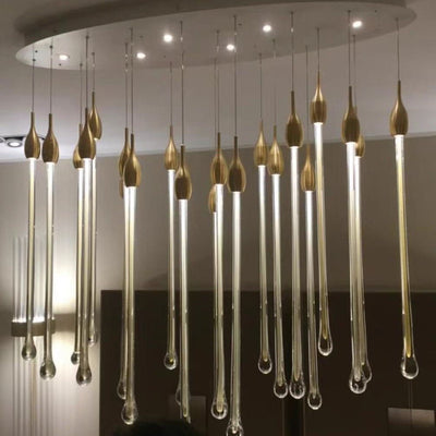 Modern Long Gold Glass Raindrop Rod Pendant Light for Staircase/High - ceiling room - cyranlamps