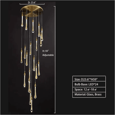 Modern Long Gold Glass Raindrop Rod Pendant Light for Staircase/High - ceiling room - cyranlamps