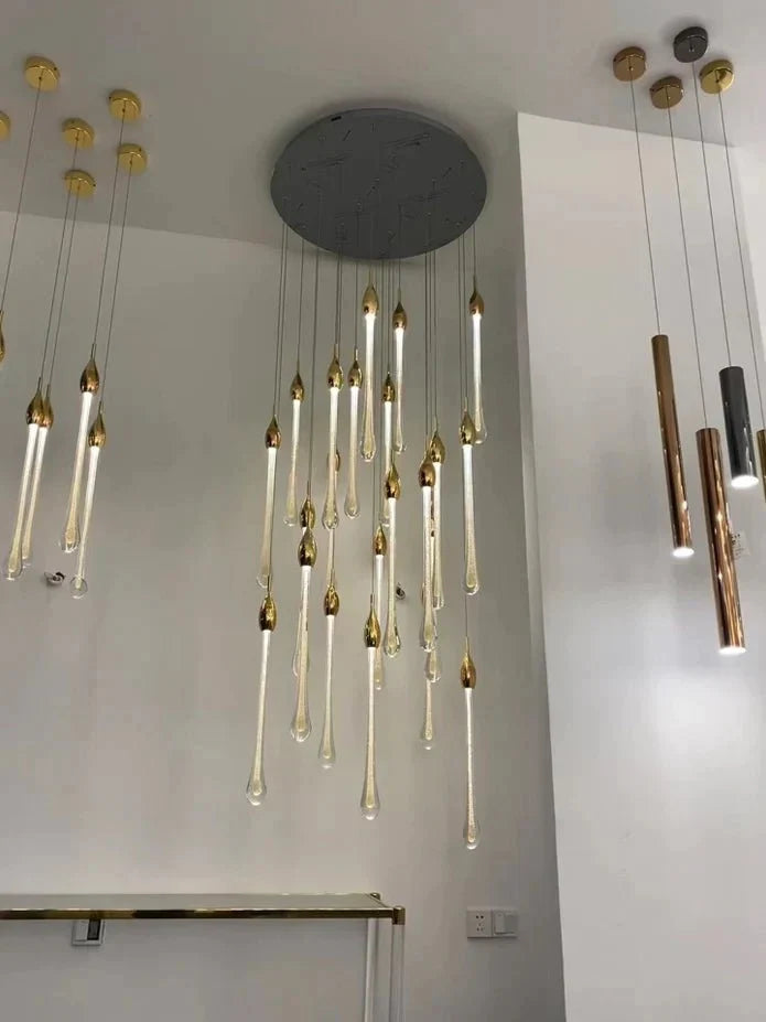 Modern Long Gold Glass Raindrop Rod Pendant Light for Staircase/High - ceiling room - cyranlamps