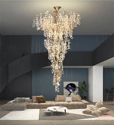Modern Unique Artistic Flower Brass Branch Semi - flush Mount Chandelier for Living Room/ Hallway/ Entryway/ Staircase - cyranlamps