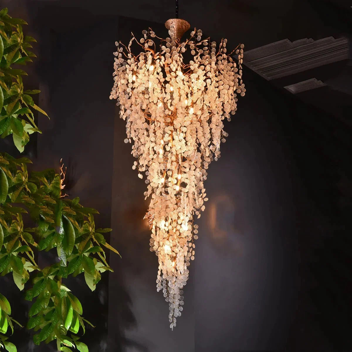 Modern Unique Artistic Flower Brass Branch Semi - flush Mount Chandelier for Living Room/ Hallway/ Entryway/ Staircase - cyranlamps