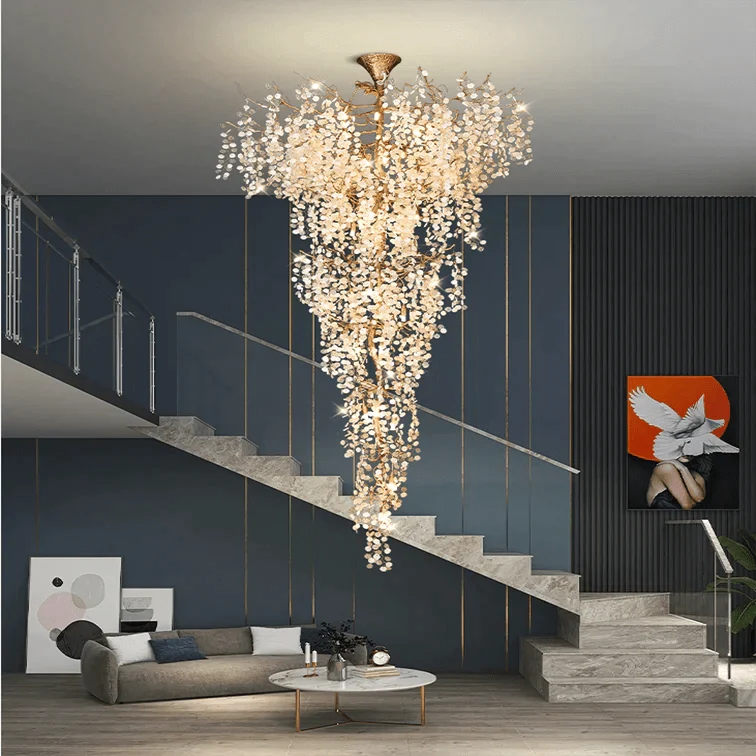 Modern Unique Artistic Flower Brass Branch Semi - flush Mount Chandelier for Living Room/ Hallway/ Entryway/ Staircase - cyranlamps