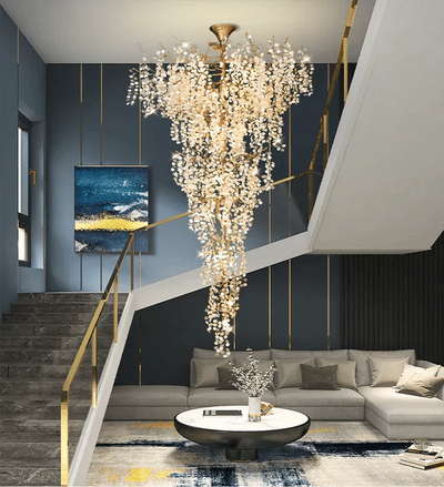 Modern Unique Artistic Flower Brass Branch Semi - flush Mount Chandelier for Living Room/ Hallway/ Entryway/ Staircase - cyranlamps