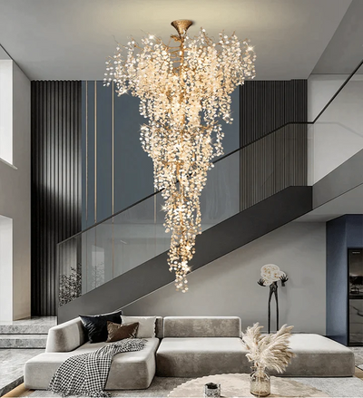 Modern Unique Artistic Flower Brass Branch Semi - flush Mount Chandelier for Living Room/ Hallway/ Entryway/ Staircase - cyranlamps