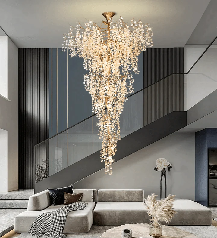 Modern Unique Artistic Flower Brass Branch Semi - flush Mount Chandelier for Living Room/ Hallway/ Entryway/ Staircase - cyranlamps