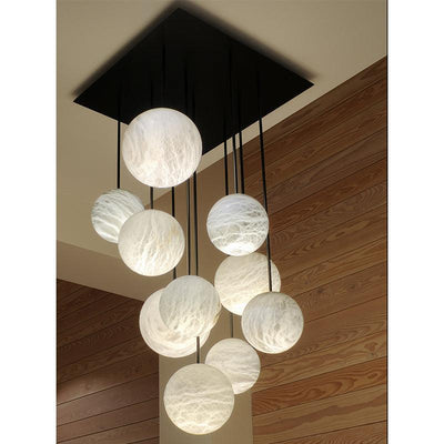 Nami Alabaster Sphere Staircase Chandelier Brass Multi Pendant Light - Cyran Lamps