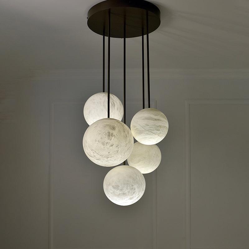 Nami Alabaster Sphere Staircase Chandelier Brass Multi Pendant Light - Cyran Lamps