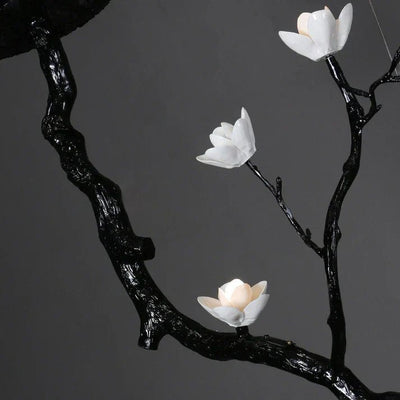 Noir Magnolia Branch & Porcelain Bloom Chandelier - Cyran Lamps